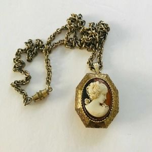 Vintage Luzier Cameo Solid Perfume Locket Gold tone Pendant 22" Chain
